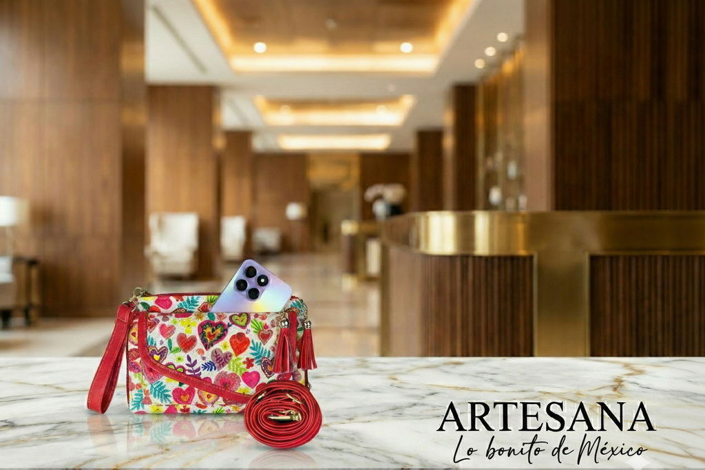 Portacelular/Cartera Doble Cierre Yute Corazones Rojo Fondo Blanco