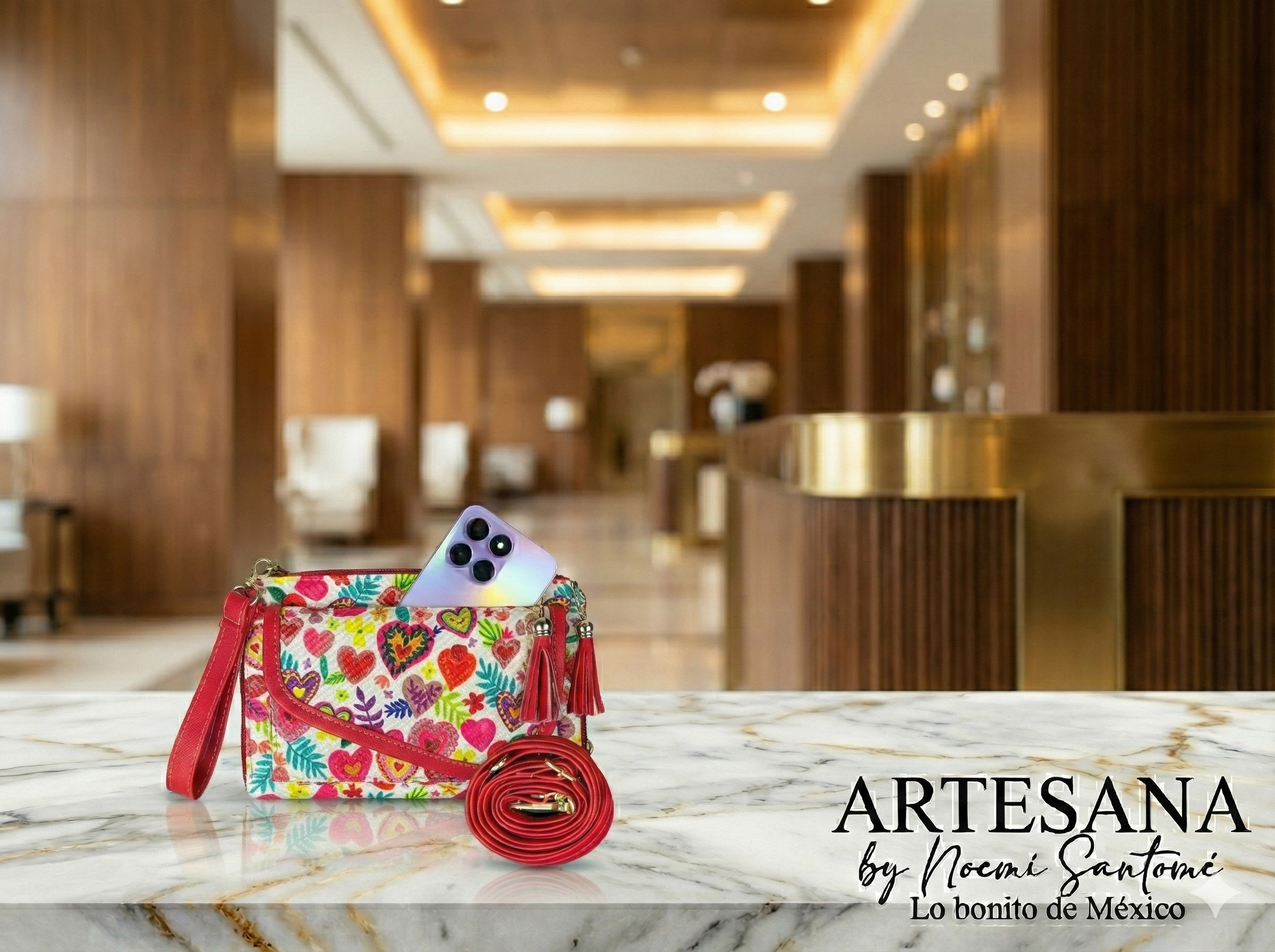 Portacelular/Cartera Doble Cierre Yute Corazones Rojo Fondo Blanco