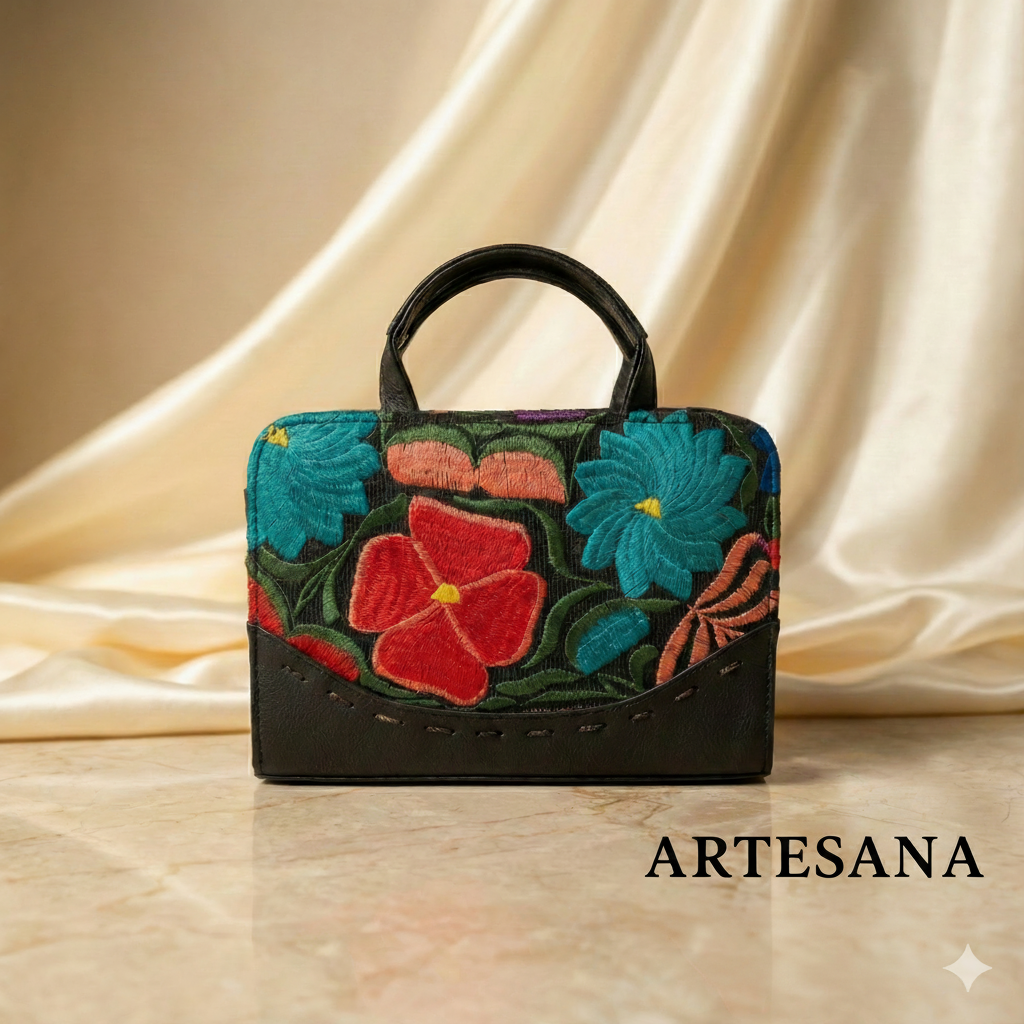 Crossbody Artesanal Bordado Flores Colores - Fondo Negro