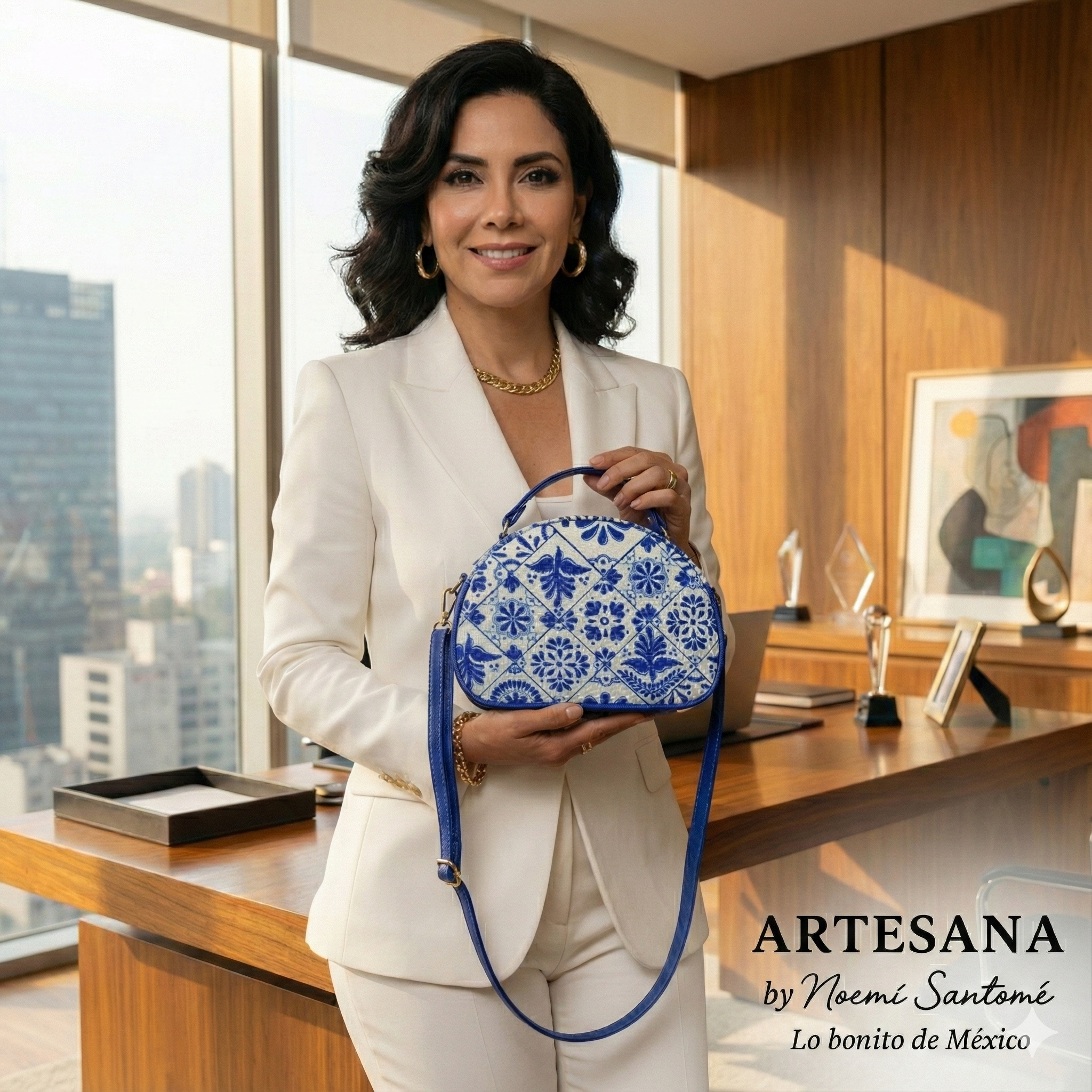 Maletita Yute Talavera Fondo Blanco con Contorno Cobalto