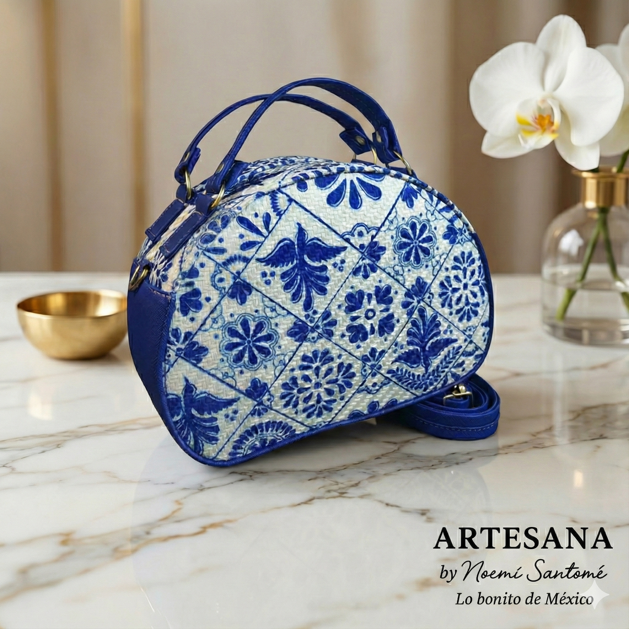 Maletita Yute Talavera Fondo Blanco con Contorno Cobalto