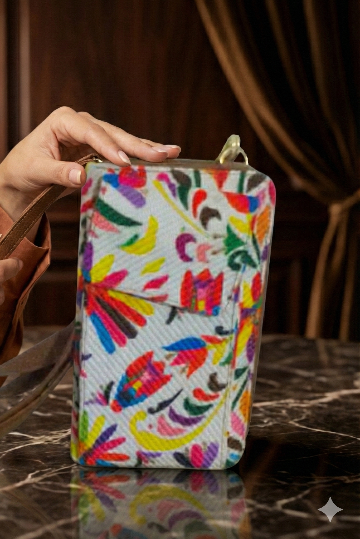 Portacelular/Cartera Yute Vertical - Blanco Floreado