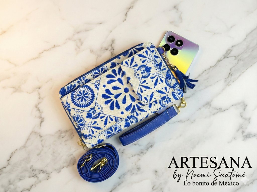 Portacelular/Cartera Yute Vertical Talavera Azul Rey Fondo Blanco