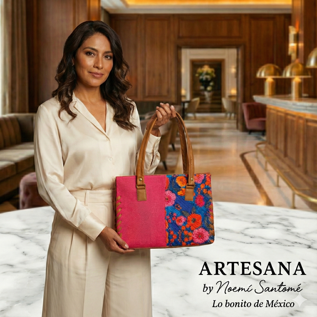 Bolsa de Yute Nacional - Rosa Mexicano con Rosas Azul