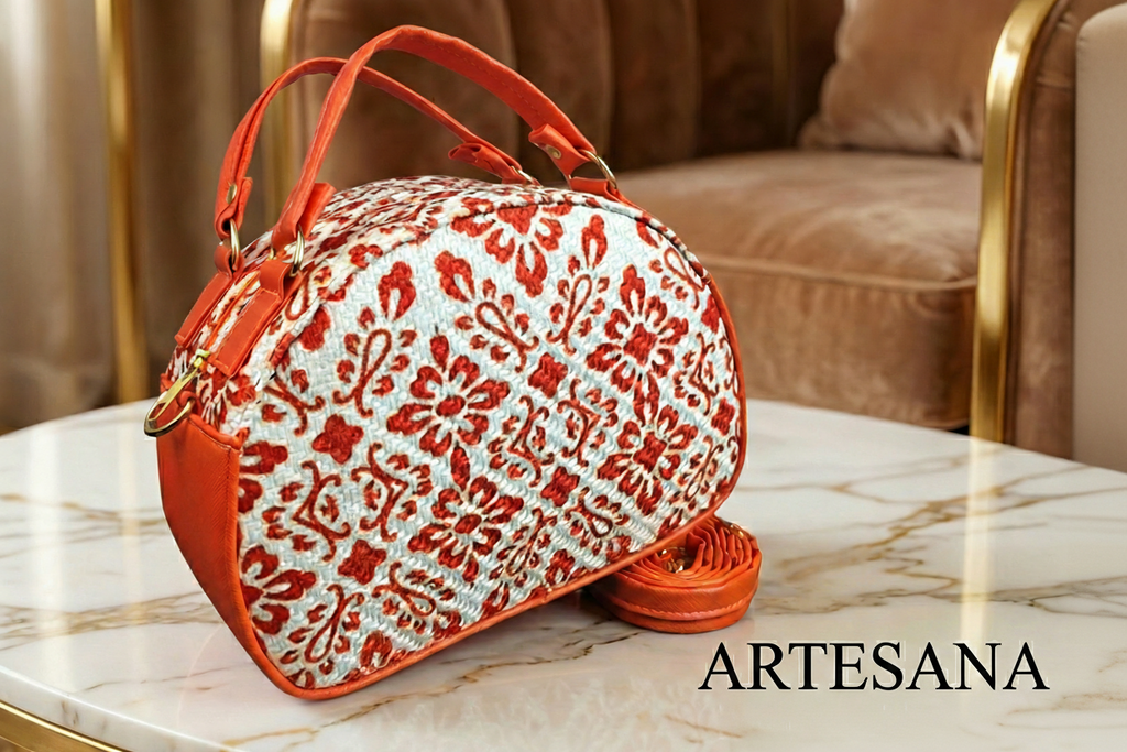 Maletita Yute Talavera Flores Naranja con Fondo Blanco