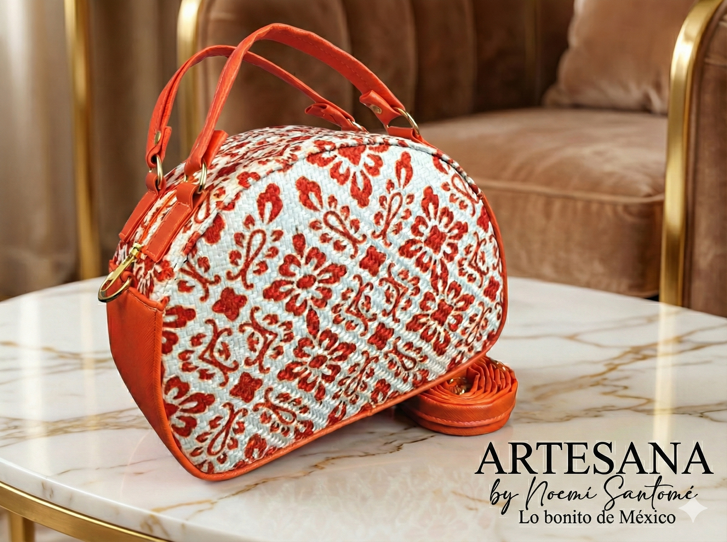 Maletita Yute Talavera Flores Naranja con Fondo Blanco