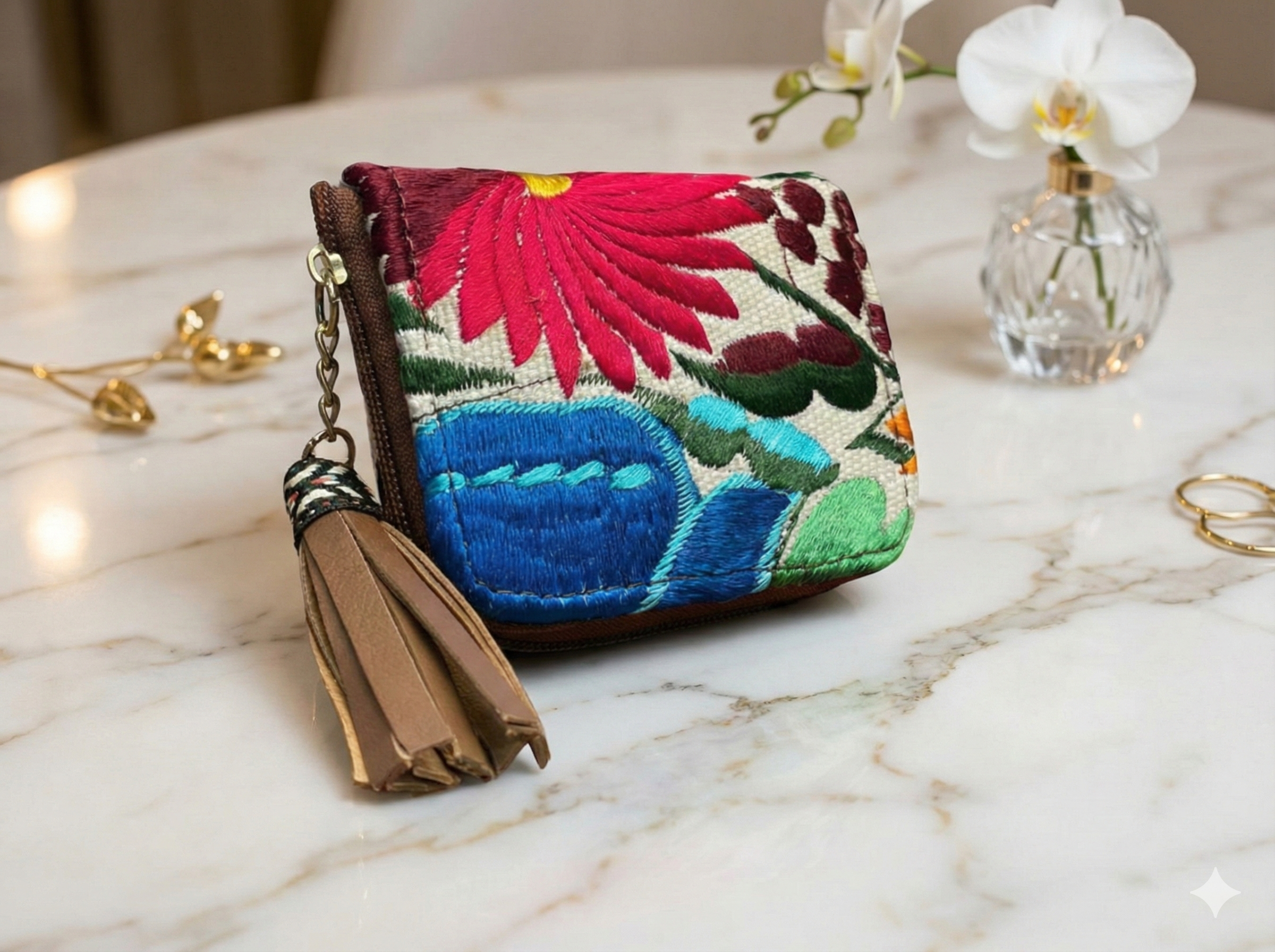 Monedero Piel Bordado Colores Fondo Blanco