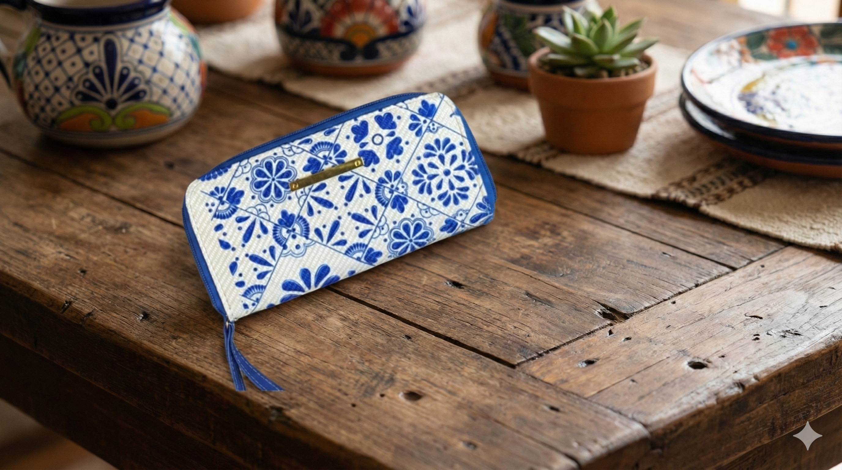 Cartera Yute Talavera Azul Rey con Blanco