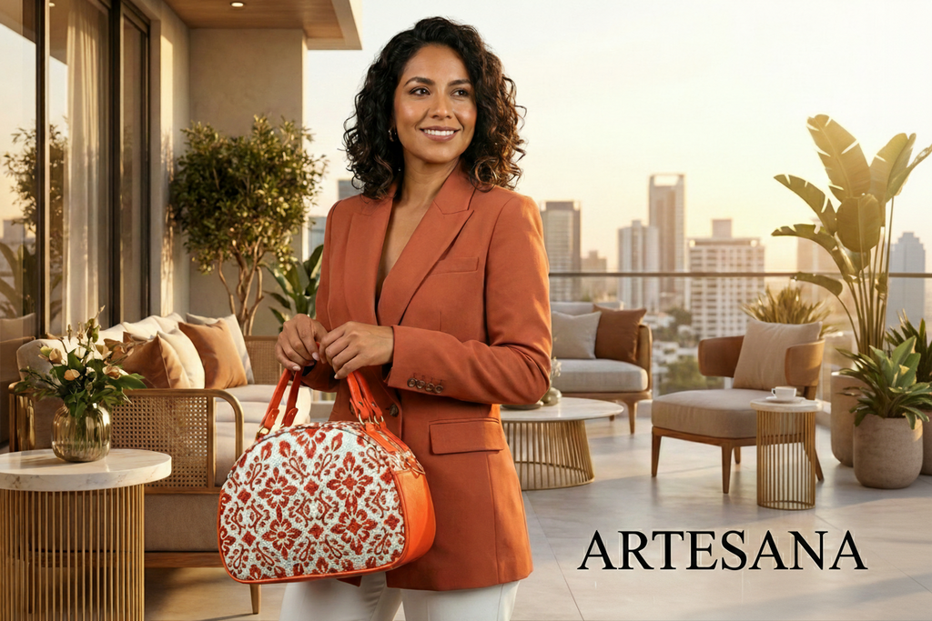 Maletita Yute Talavera Flores Naranja con Fondo Blanco