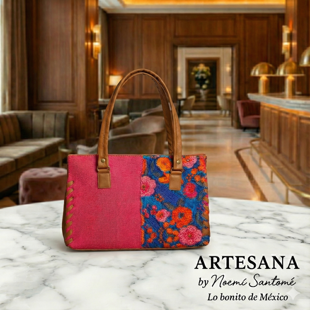 Bolsa de Yute Nacional - Rosa Mexicano con Rosas Azul