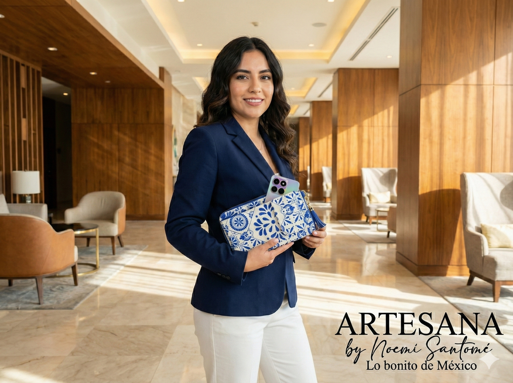 Portacelular/Cartera Yute Vertical Talavera Azul Rey Fondo Blanco