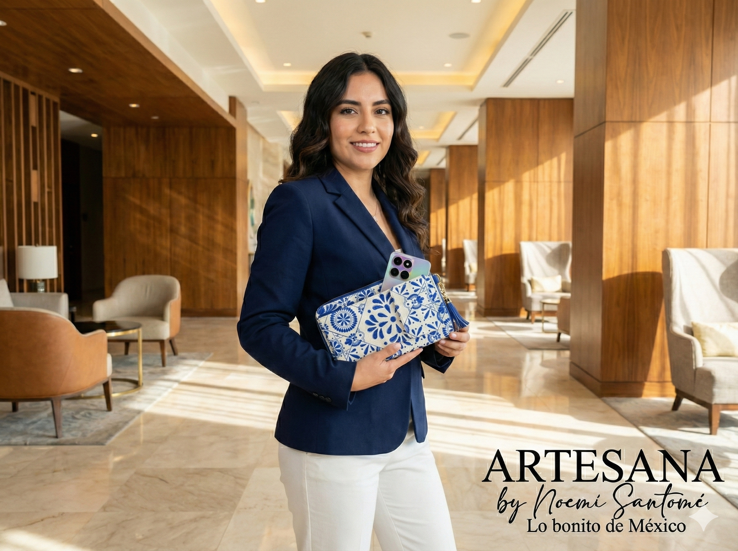 Portacelular/Cartera Yute Vertical Talavera Azul Rey Fondo Blanco