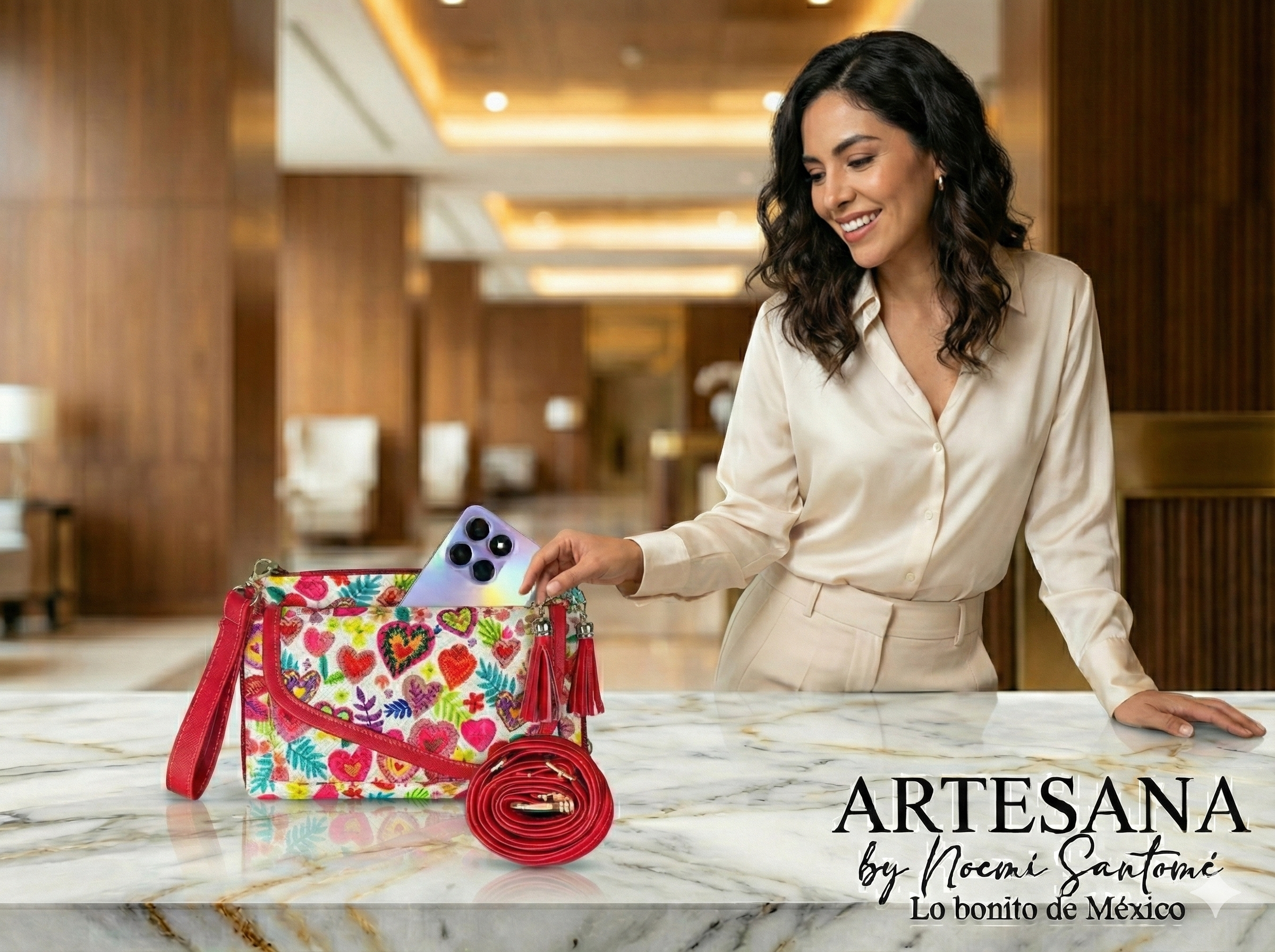 Portacelular/Cartera Doble Cierre Yute Corazones Rojo Fondo Blanco