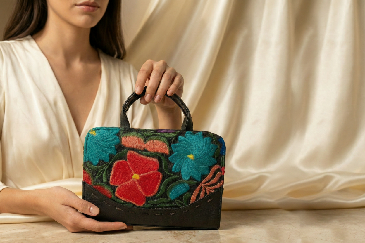 Crossbody Artesanal Bordado Flores Colores - Fondo Negro