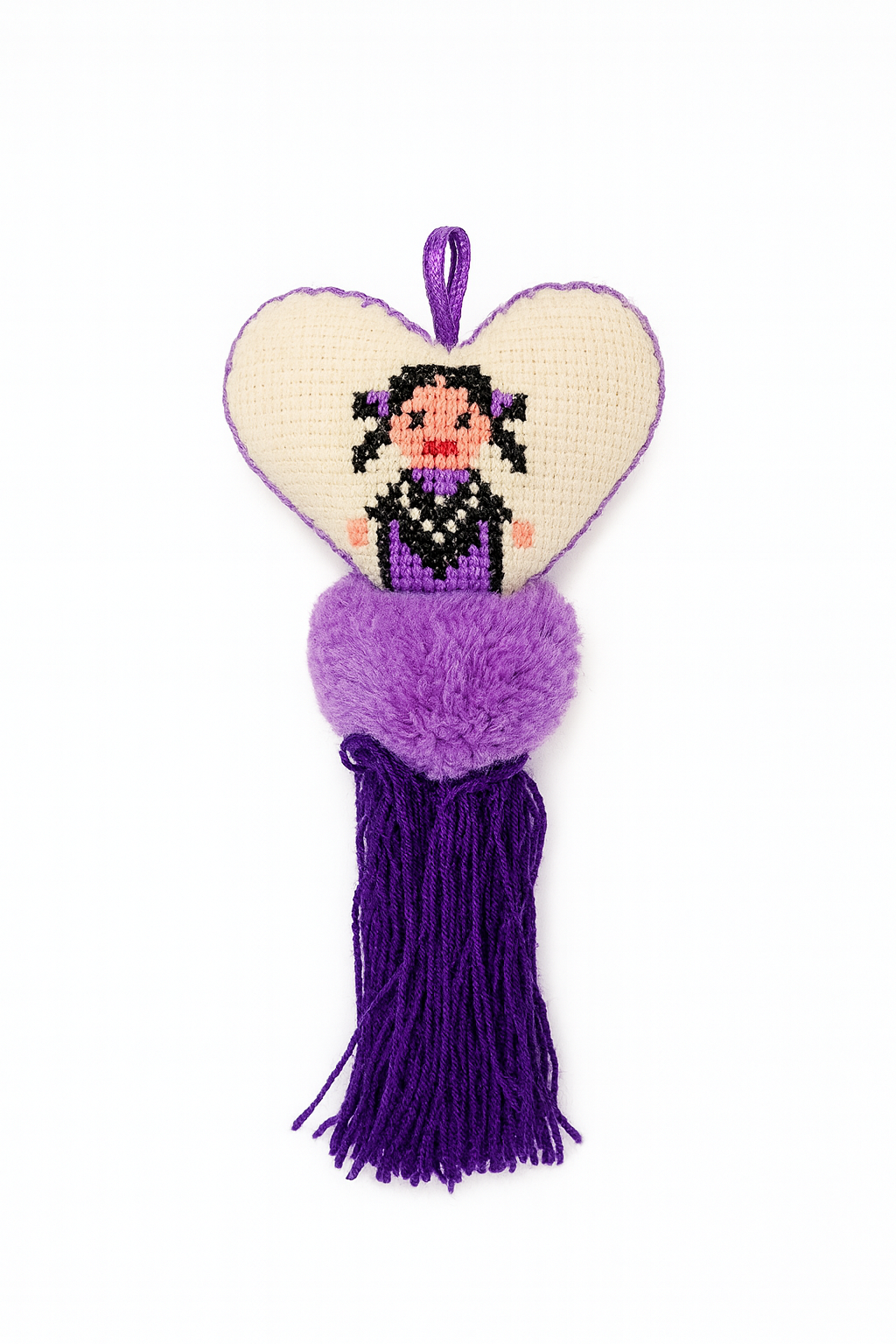 Llavero Corazón Otomí - Blanco con Morado y Violeta. *No incluye la bolsa