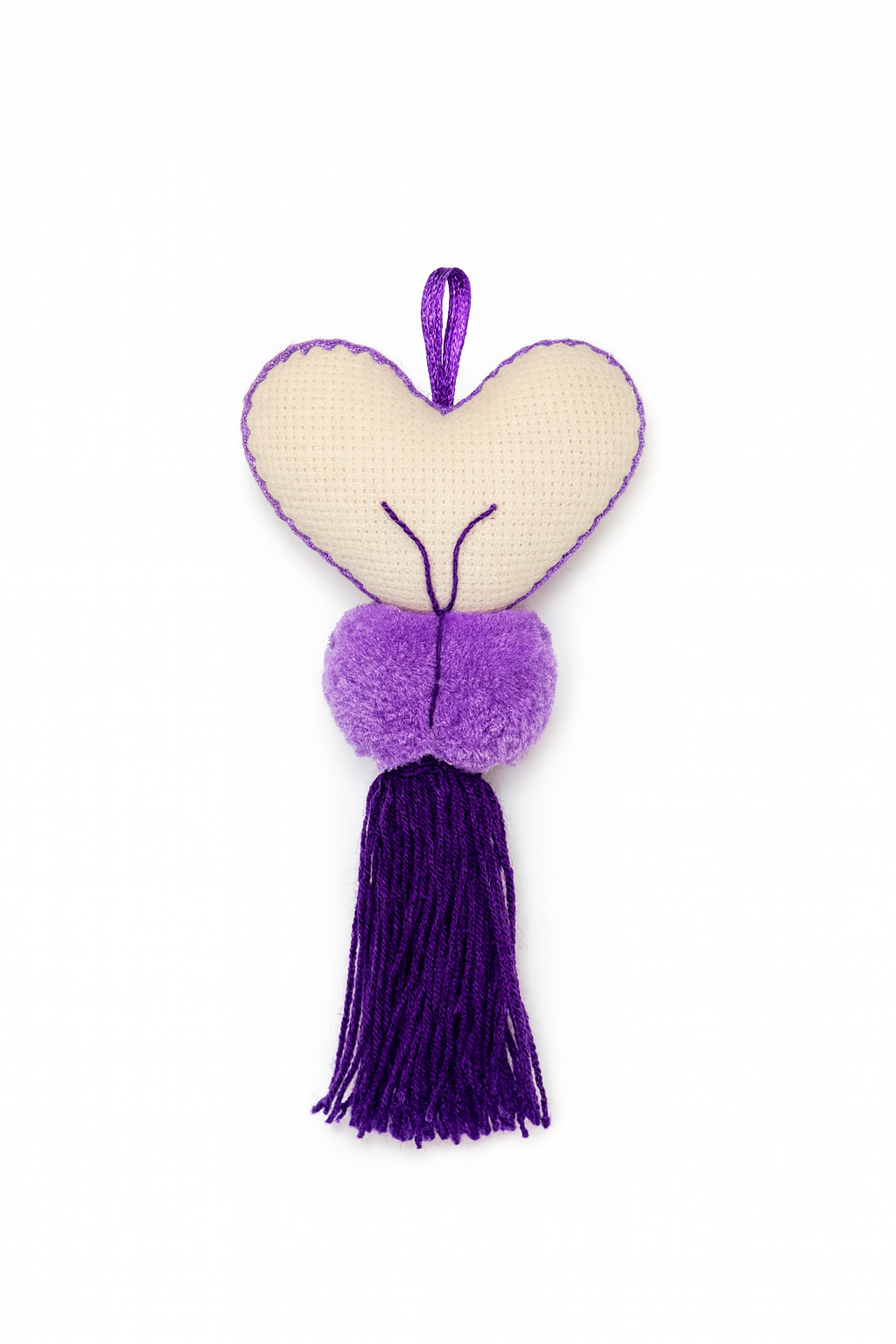 Llavero Corazón Otomí - Blanco con Morado y Violeta. *No incluye la bolsa