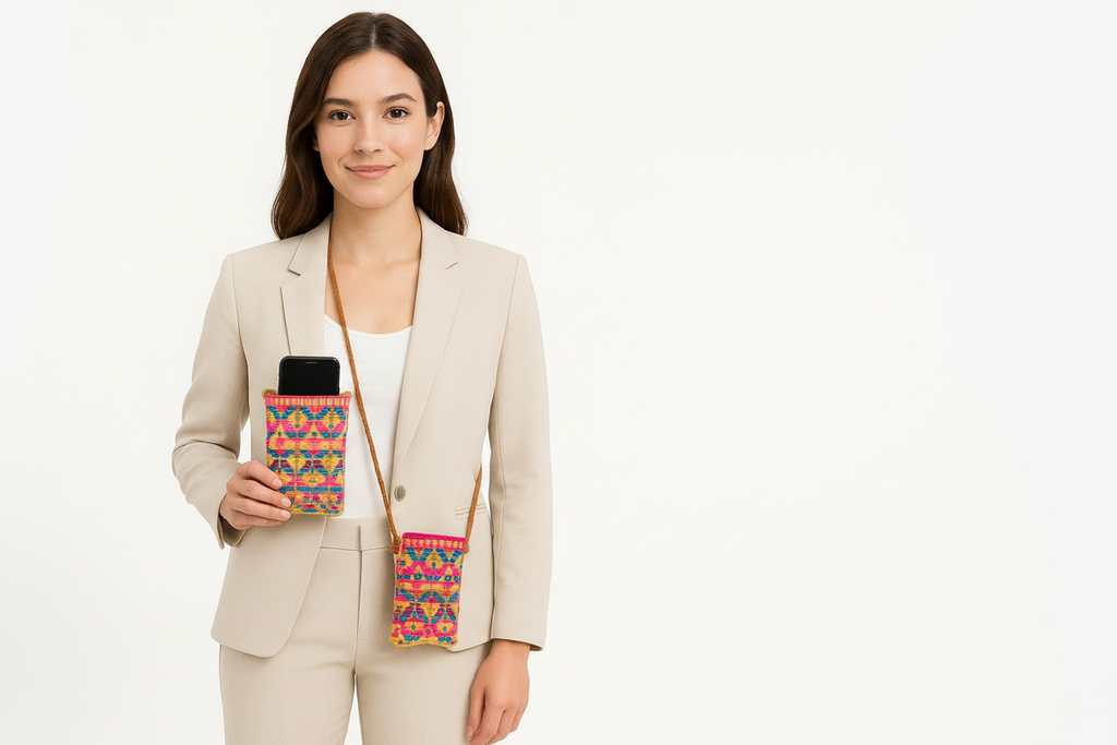 Porta Celular Tejido Mazahua - Rosa con Amarillo