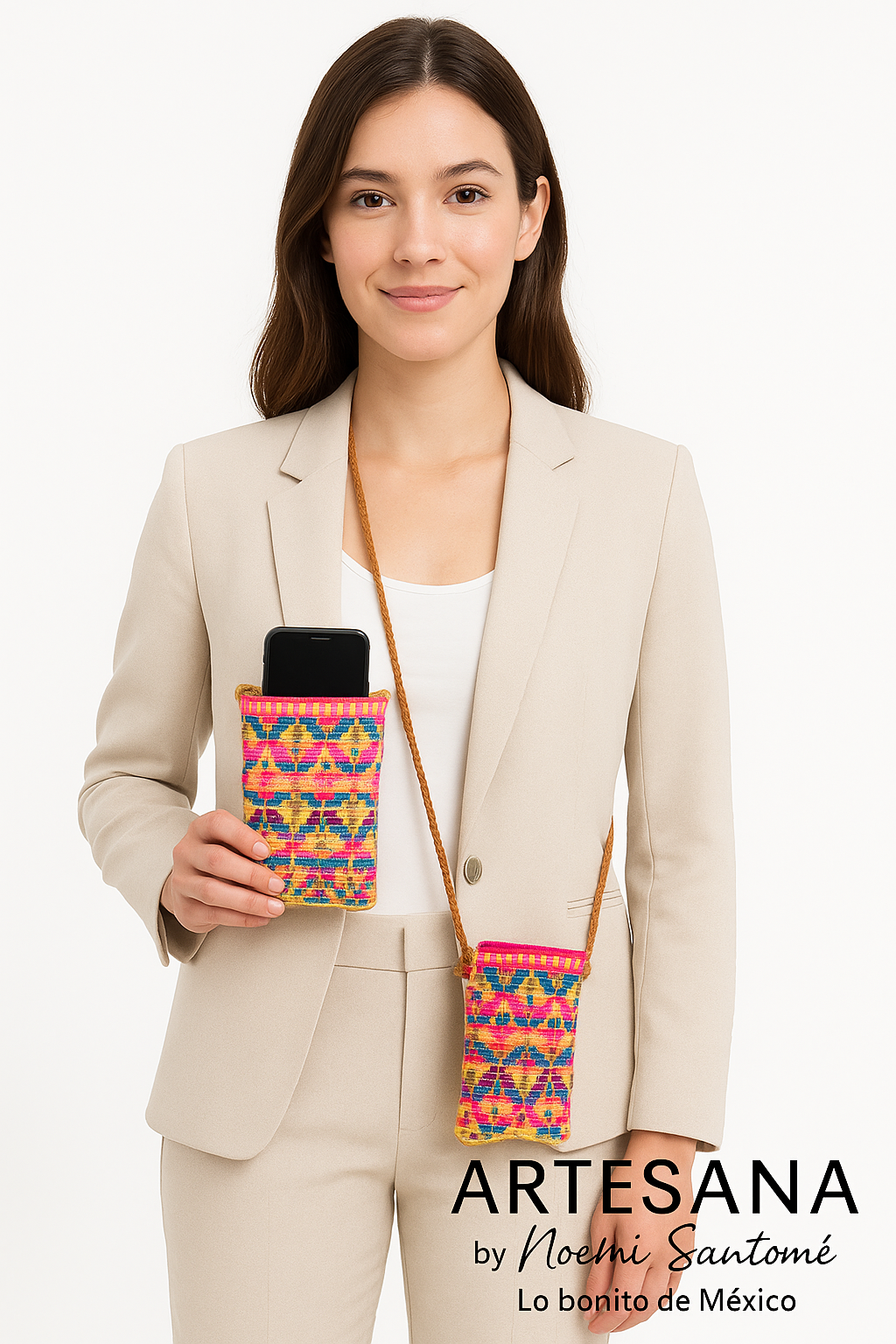 Porta Celular Tejido Mazahua - Rosa con Amarillo