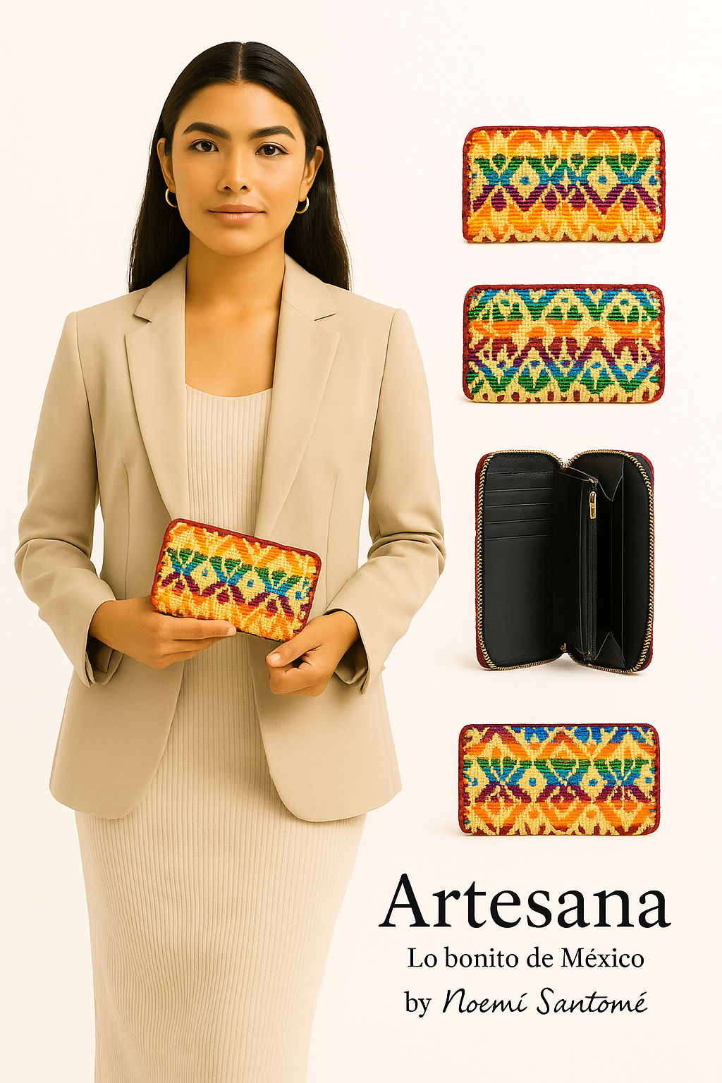 Monedero Grande Tejido Mazahua - Amarillo con Azul, Rojo y Naranja