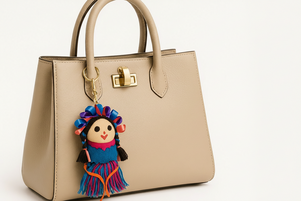 Llavero Muñeca Otomí - Verde con Rosa y Negro. *No incluye la bolsa