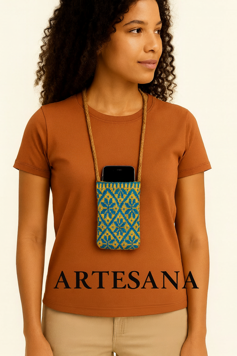 Porta Celular Tejido Mazahua - Amarillo con Azul