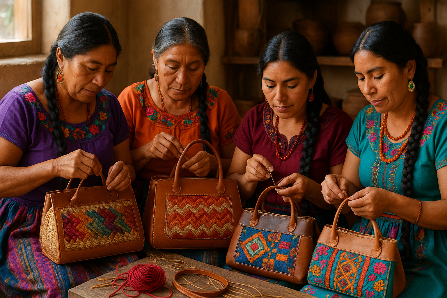 mujeres mexicanas indigenas fabricando bolsos de mano artesanales a mano